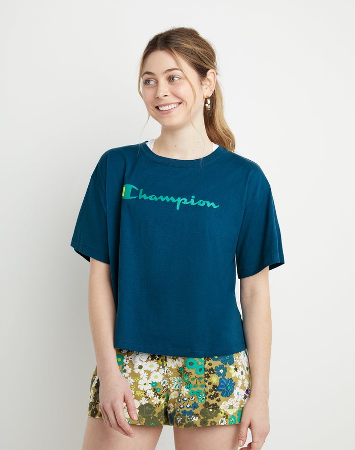 Champion T-Shirt Dames - Blauw - Cropped Script Logo ( 102794-ZHA )